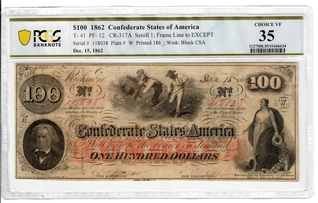 Example of Confederate Currency: 1862 $100 Confederate Sates of America.